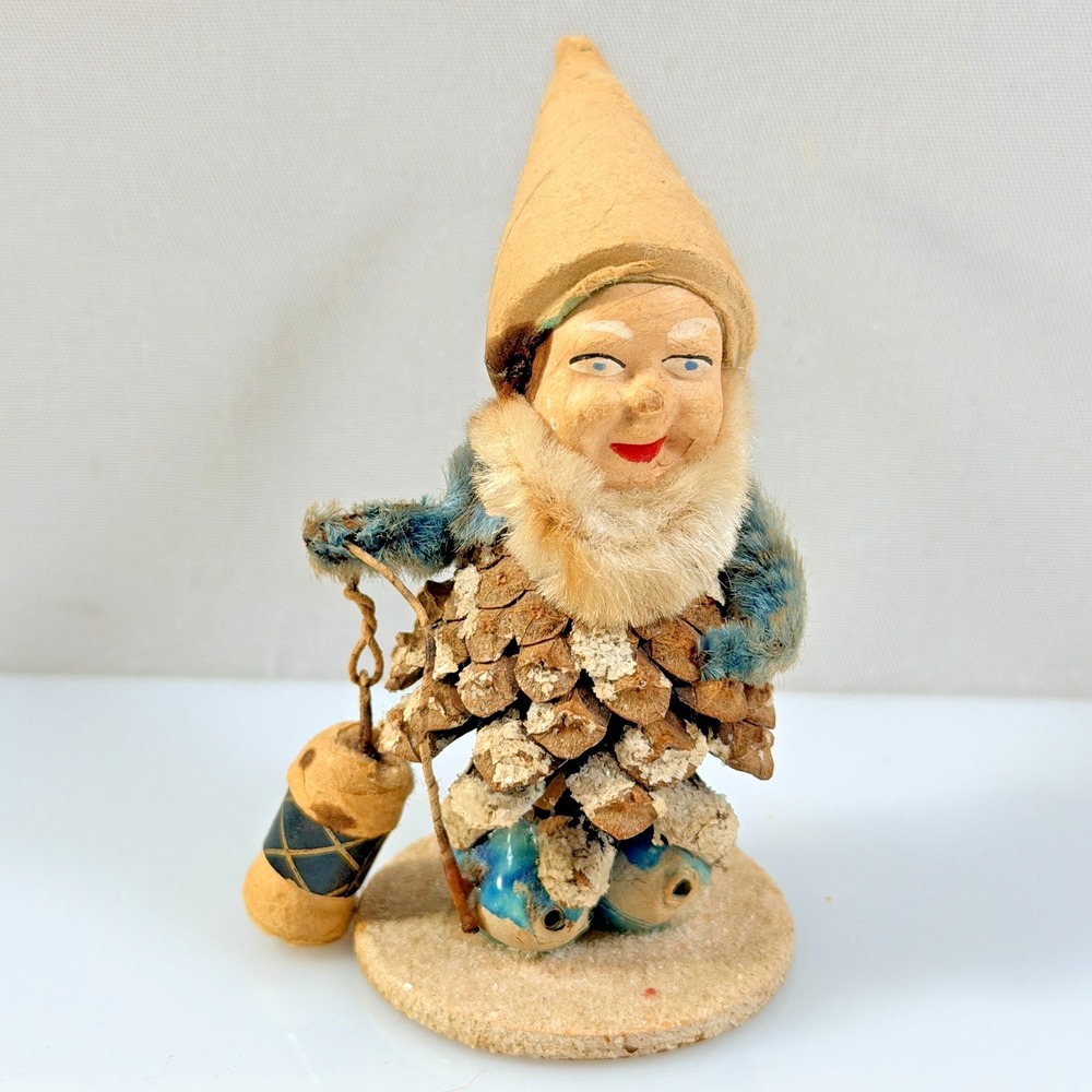 Vintage West Germany Pine Cone Gnome Putz Elf Christmas Figurine Buoy